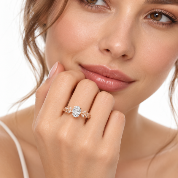 0.60 Karat Oval Pırlanta Yaprak Motifli Yüzük