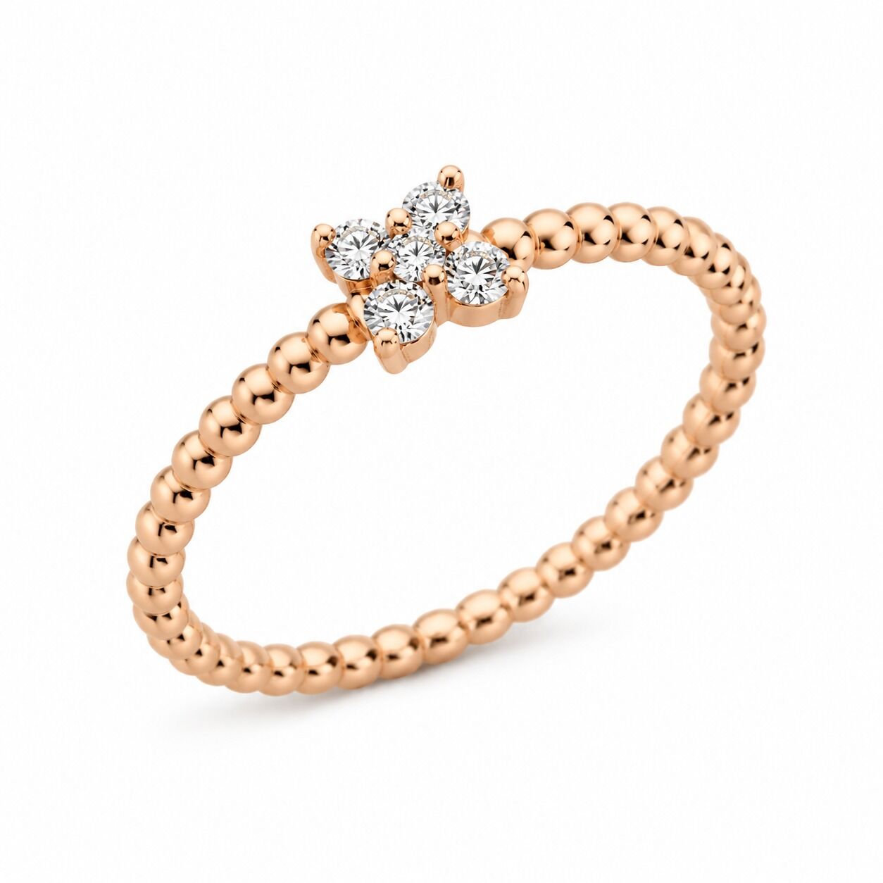 0.12 Karat G SI Çiçek Motifli Boncuklu Pırlanta Rose Altın Yüzük