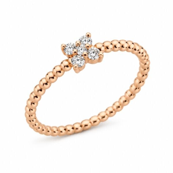 0.12 Karat G SI Çiçek Motifli Boncuklu Pırlanta Rose Altın Yüzük