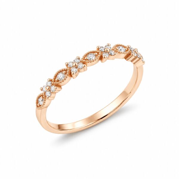 0.09 Karat G SI Vintage Çiçek Motifli Pırlanta Rose Altın Yüzük