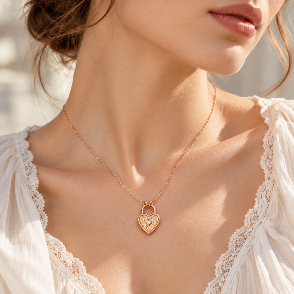 0.02 Karat Kalp Kilit Pırlanta Rose Altın Kolye
