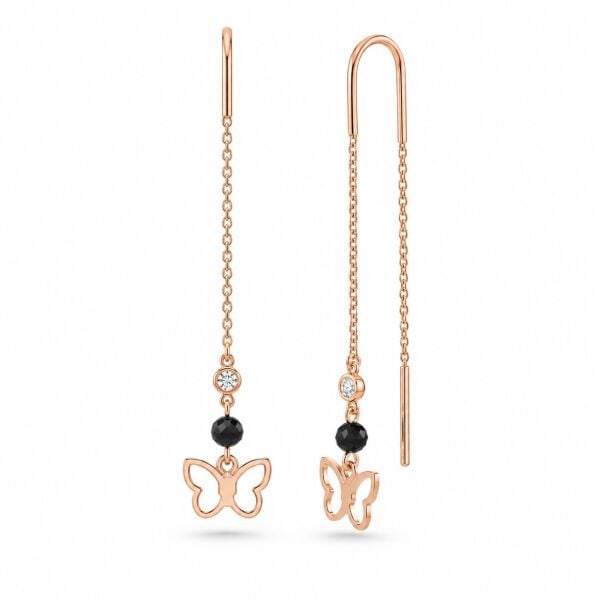 0.03 Karat G SI Pırlanta Spinel Taşlı Kelebek İp Rose Altın Küpe