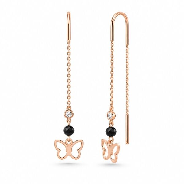 0.03 Karat G SI Pırlanta Spinel Taşlı Kelebek İp Rose Altın Küpe