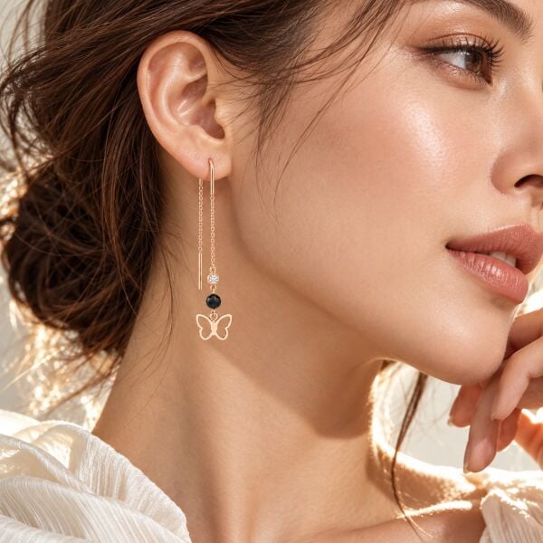 0.03 Karat G SI Pırlanta Spinel Taşlı Kelebek İp Rose Altın Küpe