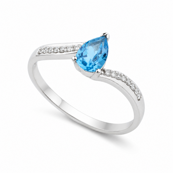 Blue Topaz Pırlanta Yüzük 0,06 Karat E Renk SI Berraklık 16 Taşlı