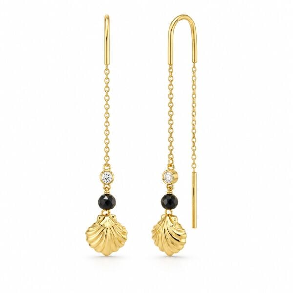 0.04 Karat G SI Pırlanta Spinel Taşlı İstiridye İp Sarı Altın Küpe