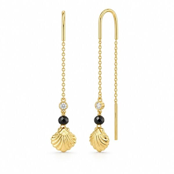 0.04 Karat G SI Pırlanta Spinel Taşlı İstiridye İp Sarı Altın Küpe