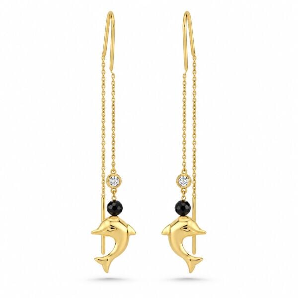 0.03 Karat G SI Pırlanta Spinel Taşlı Yunus İp Sarı Altın Küpe