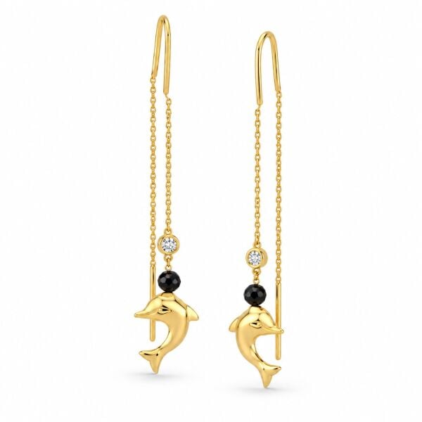 0.03 Karat G SI Pırlanta Spinel Taşlı Yunus İp Sarı Altın Küpe