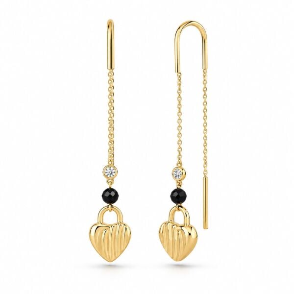 0.04 Karat G SI Pırlanta Spinel Taşlı Kalp İp Sarı Altın Küpe