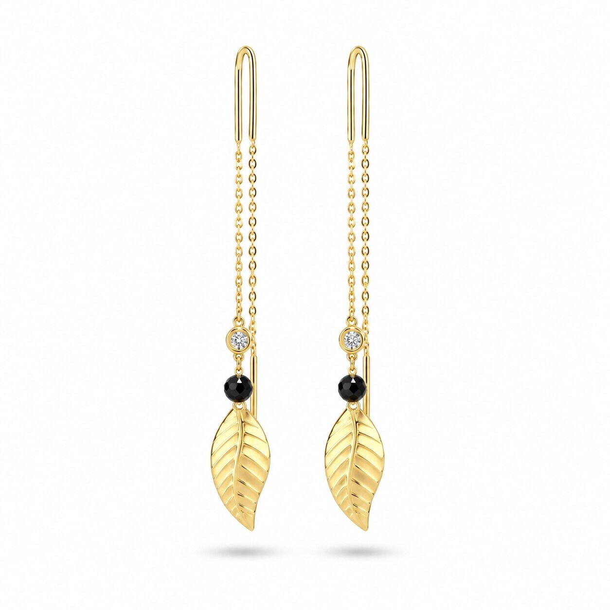 0.03 Karat G SI Pırlanta Spinel Taşlı Yaprak İp Sarı Altın Küpe