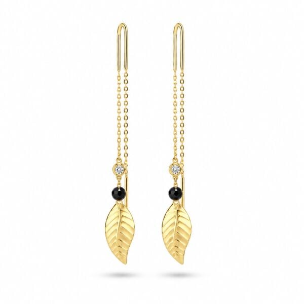 0.03 Karat G SI Pırlanta Spinel Taşlı Yaprak İp Sarı Altın Küpe
