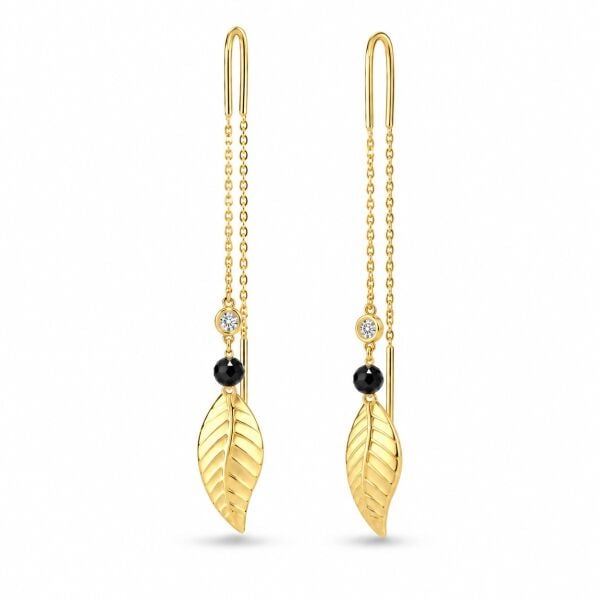 0.03 Karat G SI Pırlanta Spinel Taşlı Yaprak İp Sarı Altın Küpe