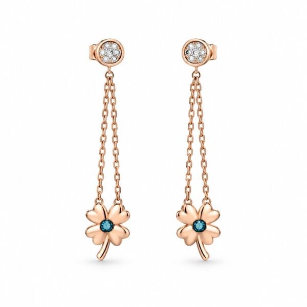 0.08 Karat G SI Mavi Pırlantalı Yonca Sallantılı Rose Altın Küpe