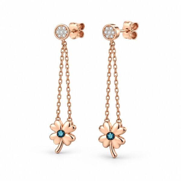 0.08 Karat G SI Mavi Pırlantalı Yonca Sallantılı Rose Altın Küpe