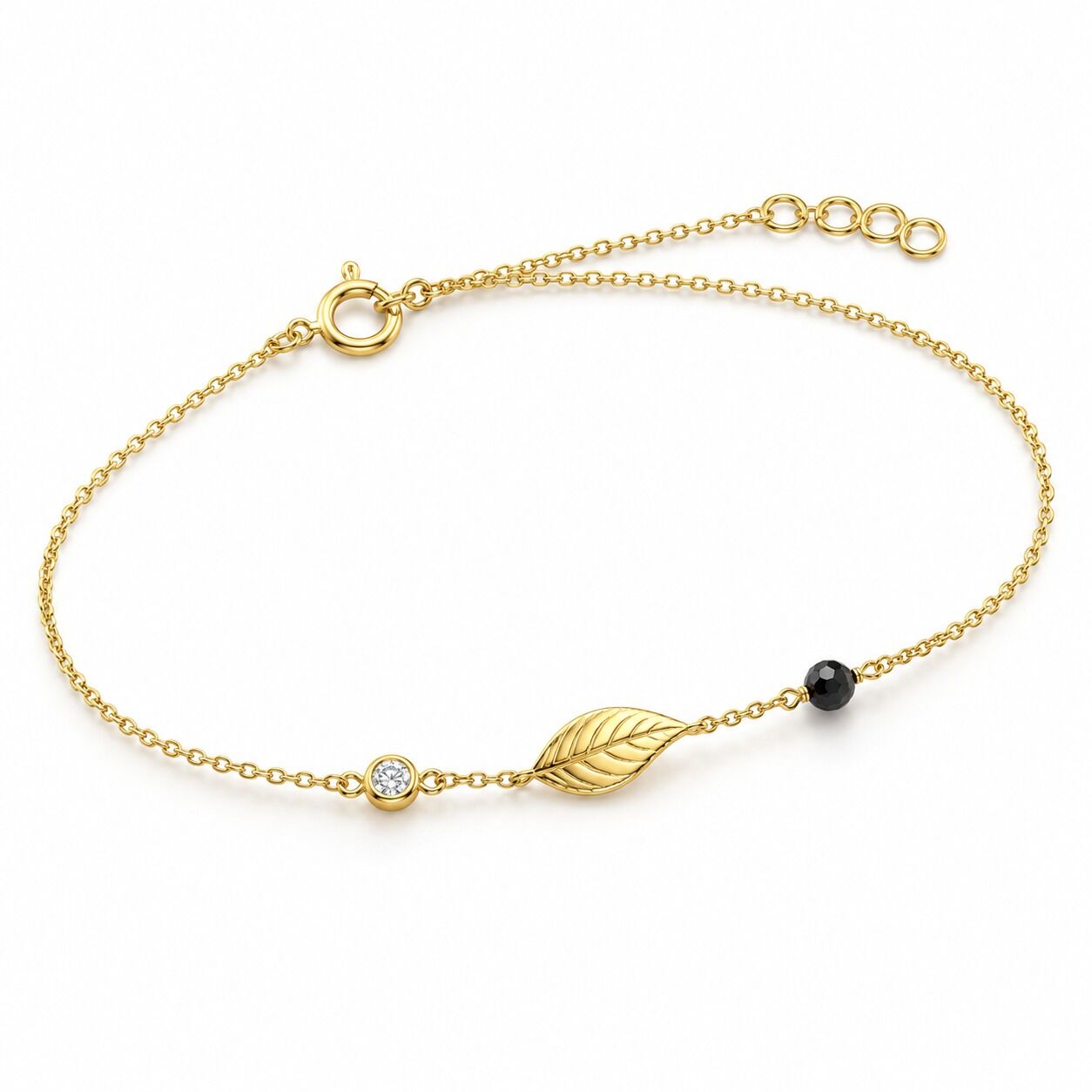 0.02 Karat G SI Pırlanta Siyah Spinel Taşlı Yaprak Sarı Altın Bileklik
