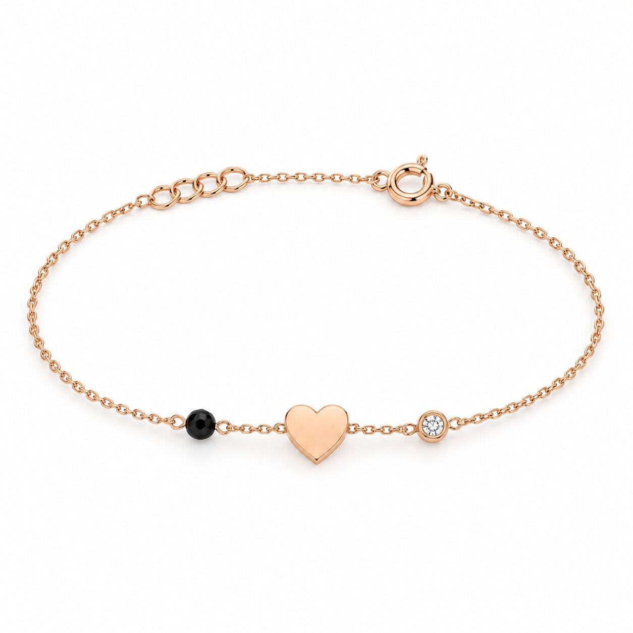0.02 Karat G SI Pırlanta Siyah Spinel Taşlı Kalp Rose Altın Bileklik