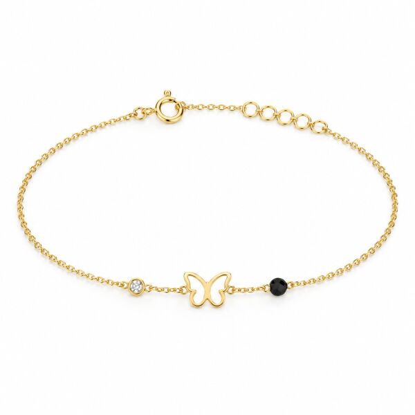 0.02 Karat G SI Pırlanta Siyah Spinel Taşlı Kelebek Sarı Altın Bileklik