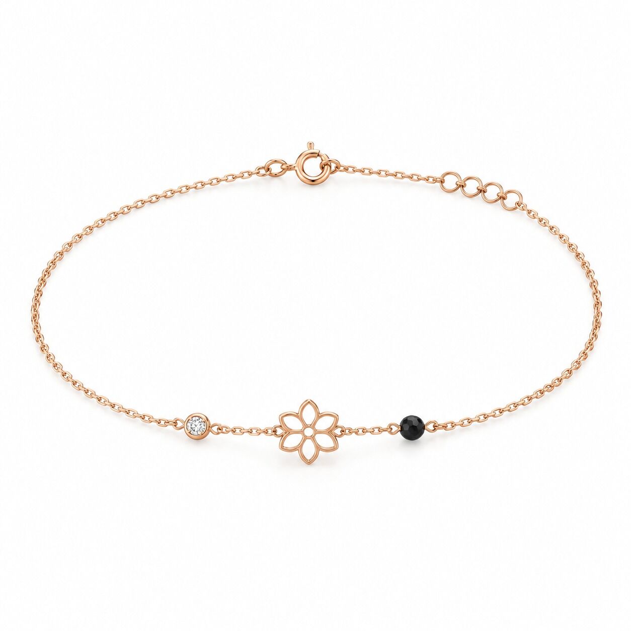0.02 Karat G SI Pırlanta Siyah Spinel Taşlı Çiçek Rose Altın Bileklik