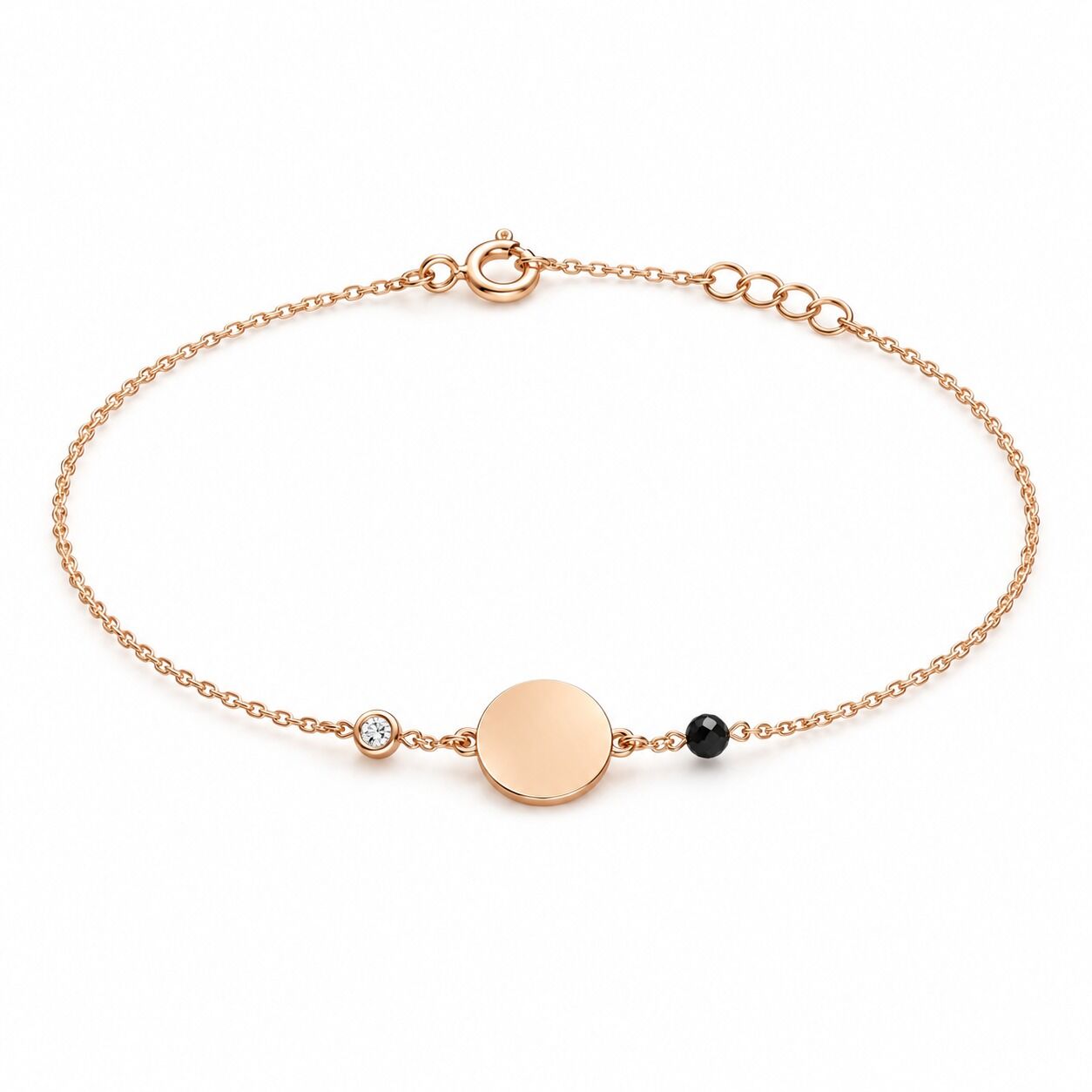 0.02 Karat G SI Pırlanta Siyah Spinel Taşlı Yuvarlak Plaka Rose Altın Bileklik