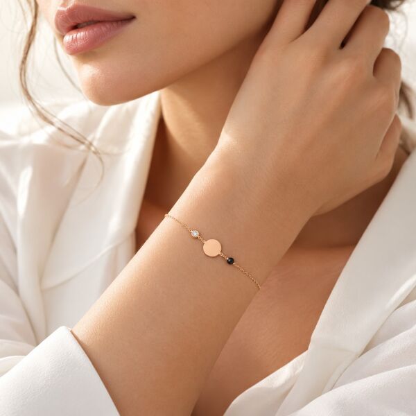 0.02 Karat G SI Pırlanta Siyah Spinel Taşlı Yuvarlak Plaka Rose Altın Bileklik