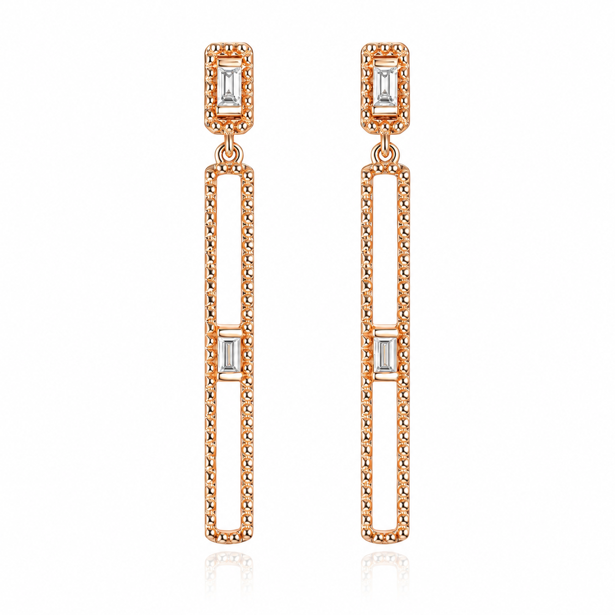0.13 Karat Geometrik Sallantılı Baget Pırlanta Rose Altın Küpe