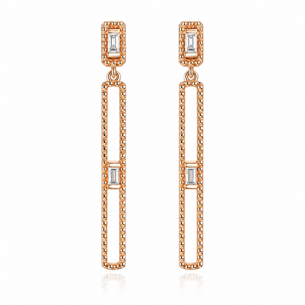 0.13 Karat Geometrik Sallantılı Baget Pırlanta Rose Altın Küpe