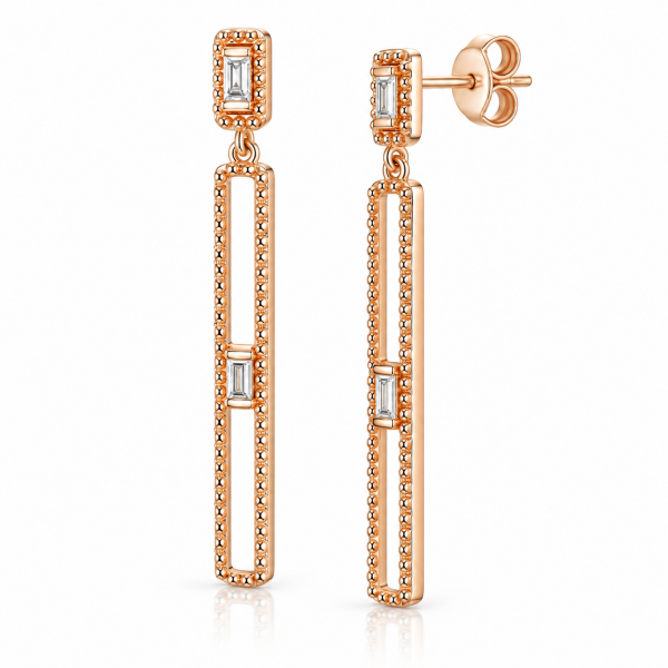 0.13 Karat Geometrik Sallantılı Baget Pırlanta Rose Altın Küpe