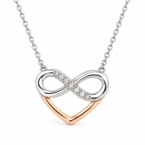 0.03 Karat G SI Sonsuzluk Kalp Pırlanta Beyaz ve Rose Altın Kolye