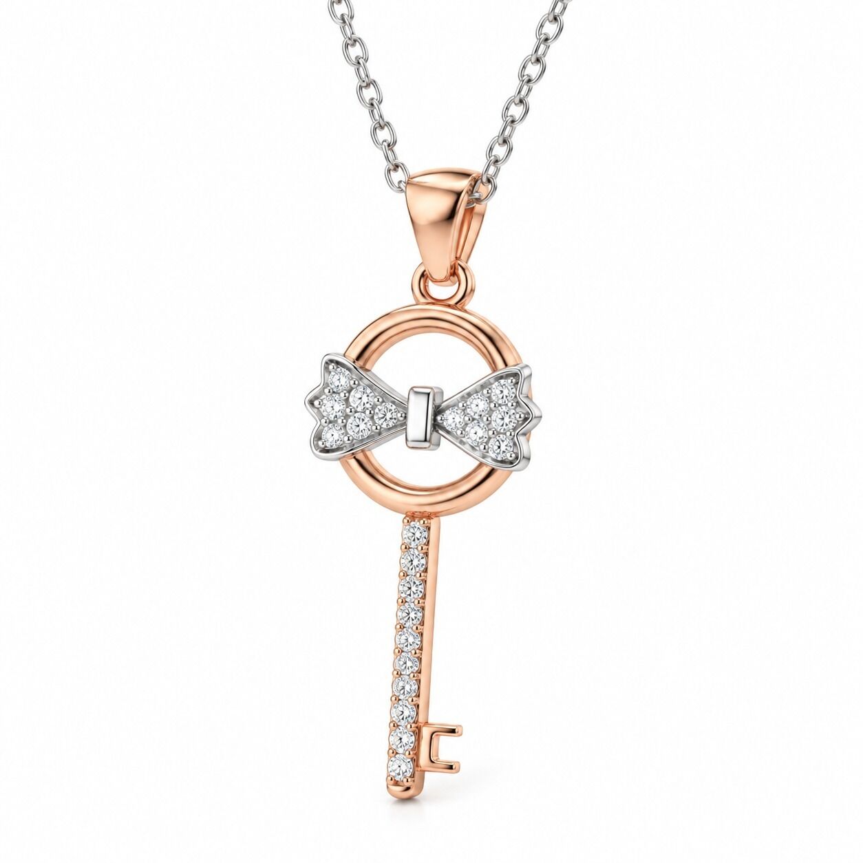 0.07 Karat G SI Fiyonklu Anahtar Pırlanta Rose ve Beyaz Altın Kolye