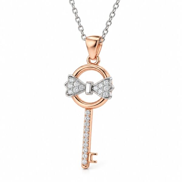 0.07 Karat G SI Fiyonklu Anahtar Pırlanta Rose ve Beyaz Altın Kolye