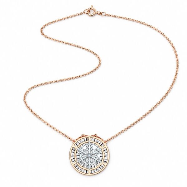 0.01 Karat G SI Kar Tanesi Madalyon Pırlanta Rose ve Beyaz Altın Kolye