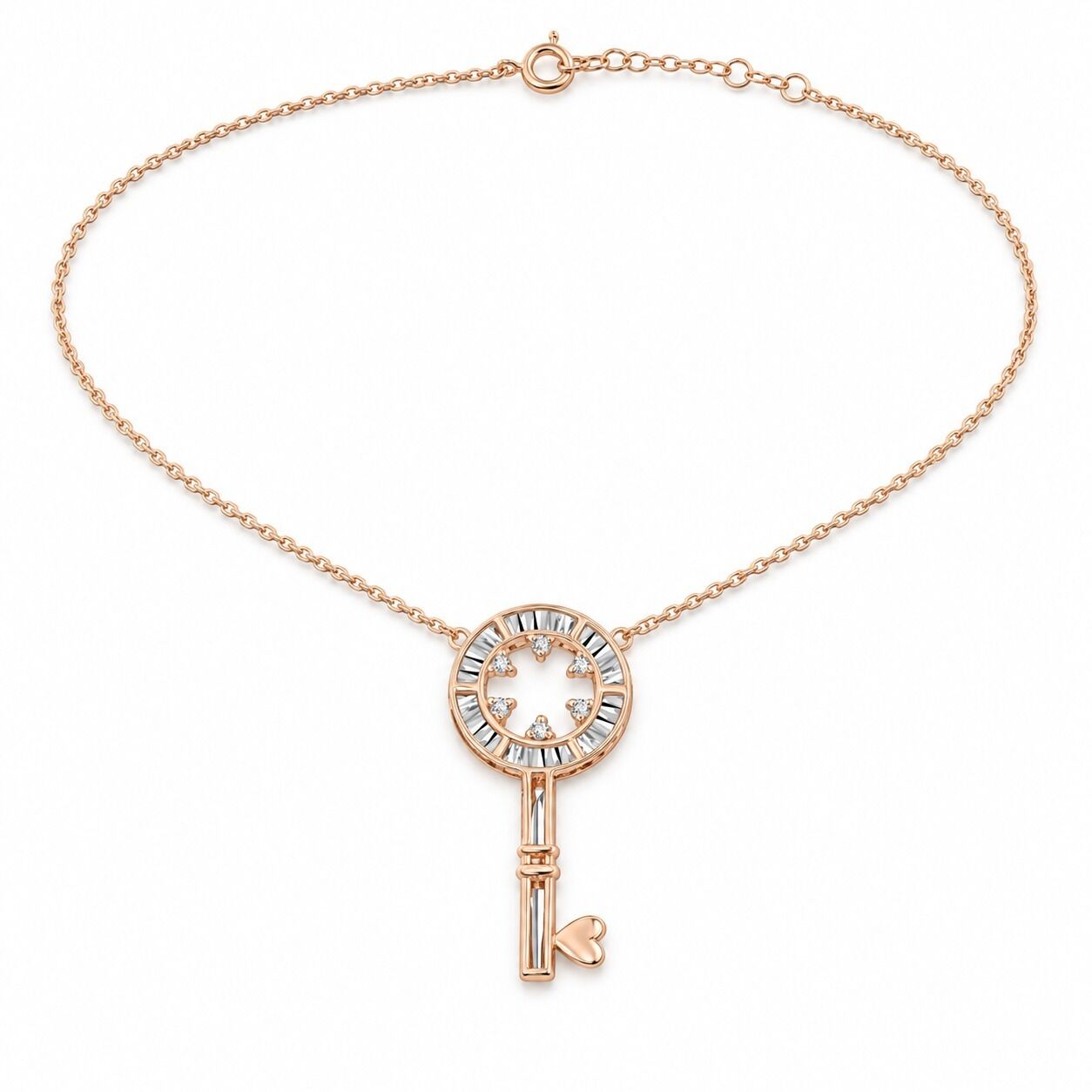 0.04 Karat G SI Kalp Dişli Anahtar Pırlanta Rose ve Beyaz Altın Kolye