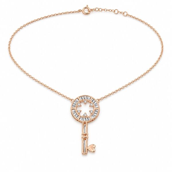 0.04 Karat G SI Kalp Dişli Anahtar Pırlanta Rose ve Beyaz Altın Kolye