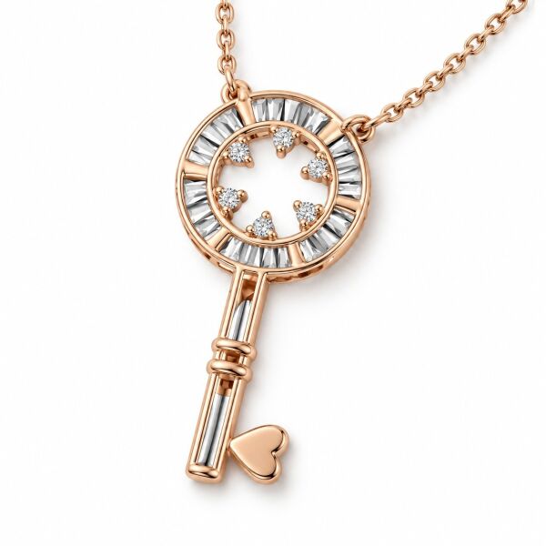 0.04 Karat G SI Kalp Dişli Anahtar Pırlanta Rose ve Beyaz Altın Kolye