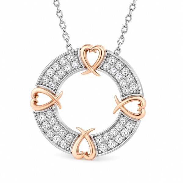 0.15 Karat G SI Kalp Detaylı Halka Pırlanta Beyaz ve Rose Altın Kolye