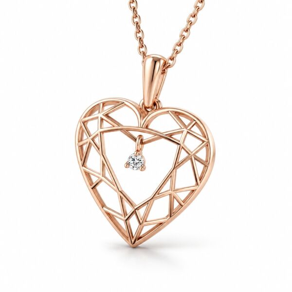 0.04 Karat G SI Kafes Kalp Tektaş Pırlanta Rose Altın Kolye