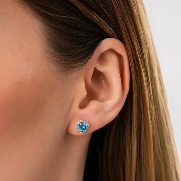 1.28 Karat Pırlanta Blue Topaz Kalp Taşlı Küpe
