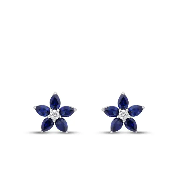 1.24 Karat Pırlanta Damla Taşlı Safir Çiçek Küpe